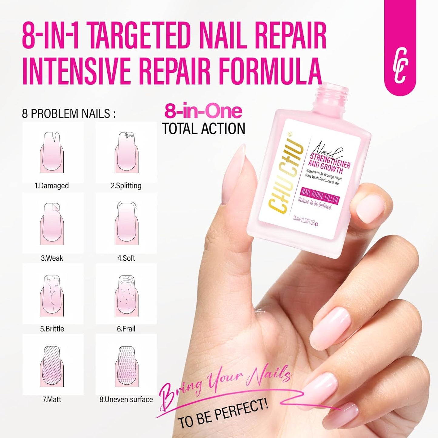 Nail Repair for Women: 8 in 1 Pink Nail Hardener Extra Strong and Growth - 15ML Natural Nail Polish Hardener Ridge Filler Strengthener for Weak and Damaged Nails 15ml