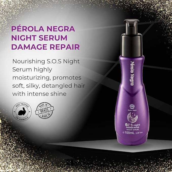 PÉROLA NEGRA S.O.S Night, Damage Repair Night Serum, Vitamin E and Argan Oil 3.38 Fl.oz - Nourishment for dry hair.