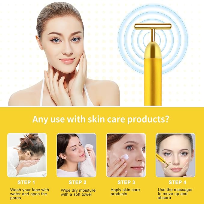 Aubric Face Massager Electric Beauty Bar 24k Golden Facial Massage Tool, T-Shape Electric Vibrating Wand Face Neck Skin Firming Lifting Tighting Wrinkles Reducing Body Treatment Anti Aging Device