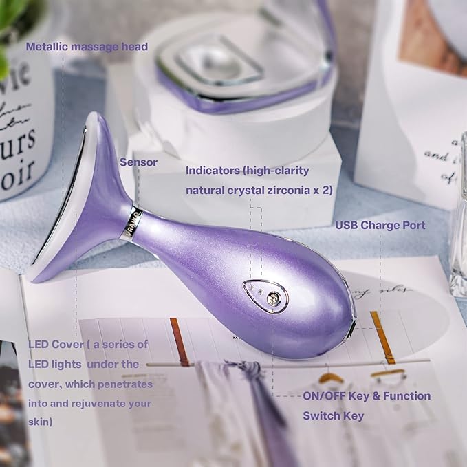 Lily Neck Face Massager Skin Rejuvenation Device (Violet) with Triple Action LED, Natural Jade Comb Head Massager Scalp Massage Comb
