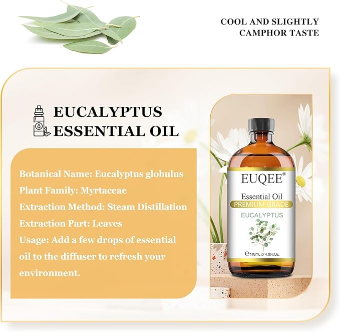 Eucalyptus Essential Oil 118ml Pure Eucalyptus Oil with Glass Dropper for Aromatherapy, Diffuser, Soap & Candle Making - 4Fl.Oz