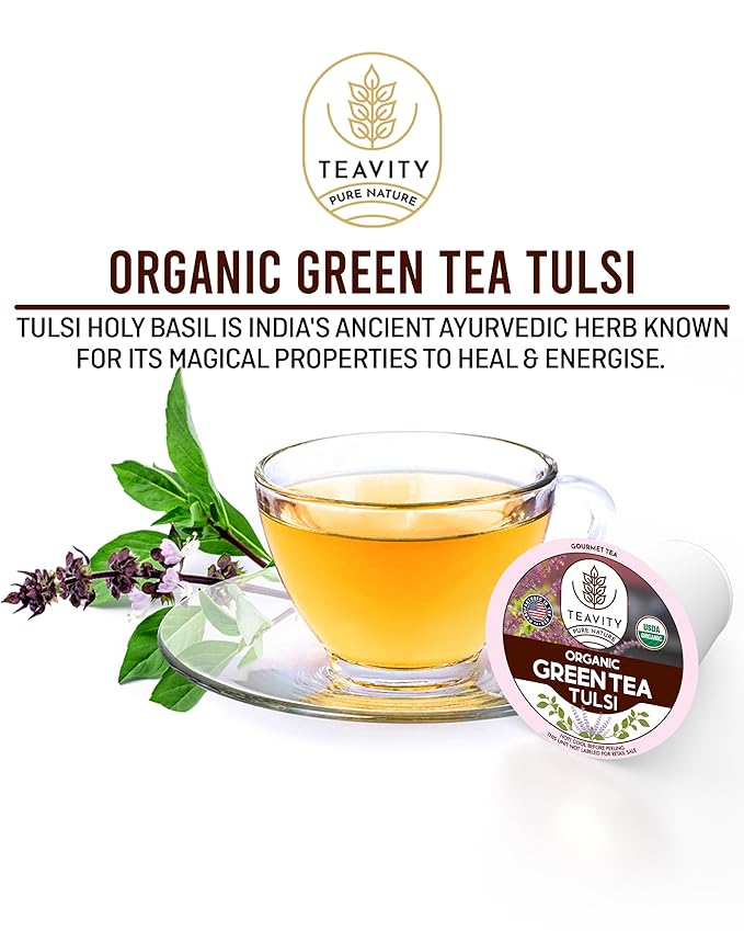 Organic Tulsi Tea Pods with Unsweetened Caffeinated Green Tea Pods for Keurig - Tulsi Green Tea by Teavity (12 Tea Pods)