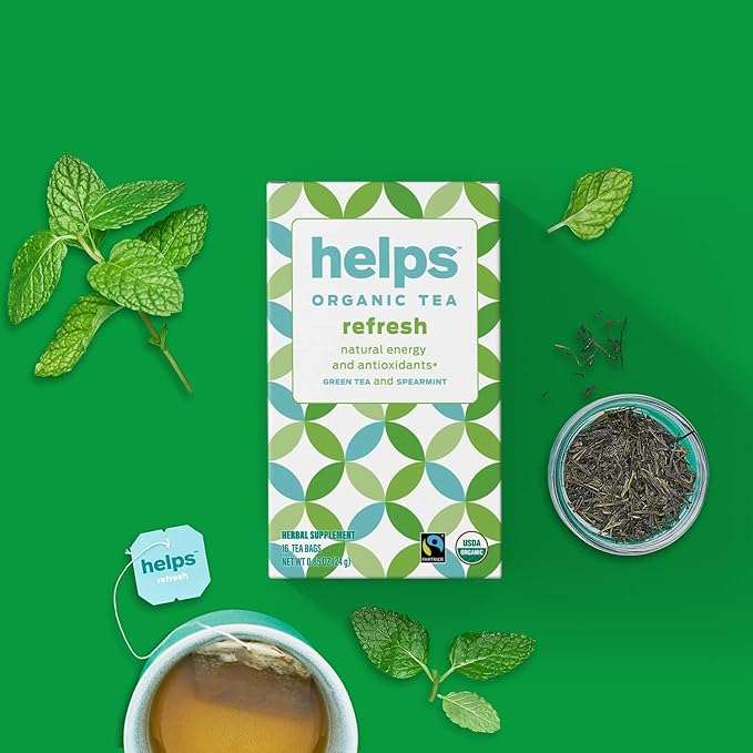 HELPS TEAS | Helps Refresh | Organic Green Tea with Spearmint. Natural Energy, Antioxidant, Thermogenic Herbal Tea| 16 Tea Bags |