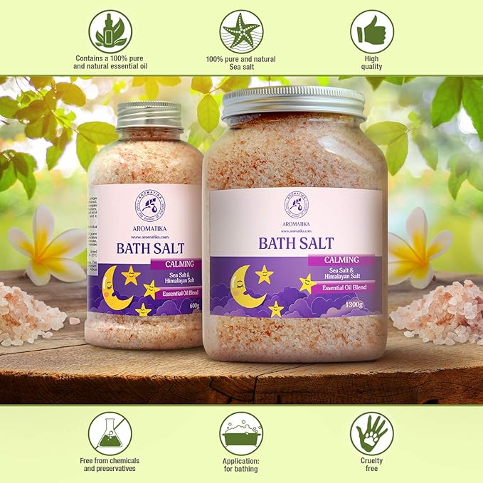 Calming Bath Salts 46 Oz - 1300g - w/Sandalwood & Lavender & Bergamot Essential Oils - Natural Bath Sea Salts 1.3 kg - Good Sleep - Relaxing - Body Care - Beauty - Aromatherapy