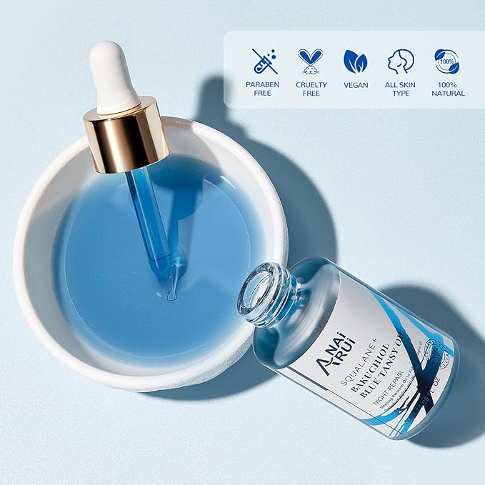 ANAI RUI Bakuchiol Blue Tansy Night-Repair Facial Oil Natural Retinol Alternative + Squalane Jojoba, for Deep Wrinkles & Fine Lines Soothing,Calm & Soothe Redness,Hydrating, Balancing, 1 FL.OZ