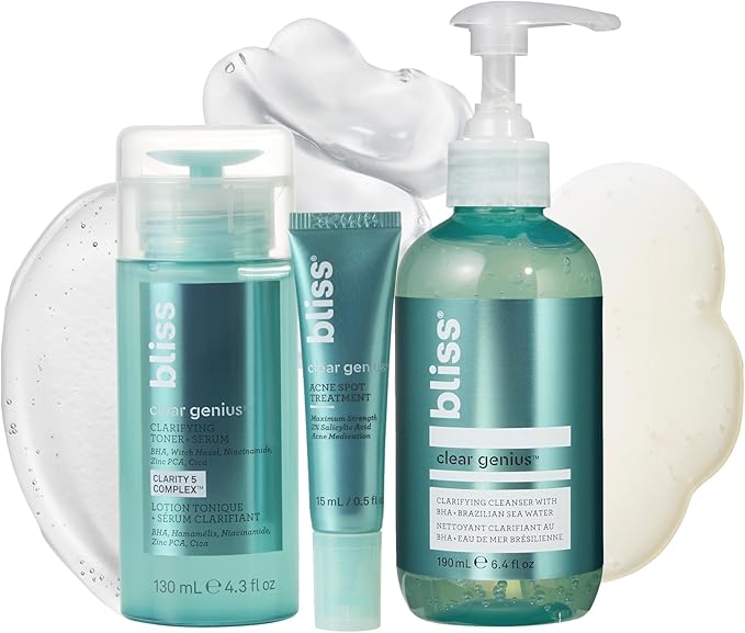 Bliss Clear Genius Trio: Clarifying Toner + Serum, Cleanser and Spot Treatment - Pore Purifying, Removed Excess Dirt & Oils - Clean, Cruelty-Free Skin Care