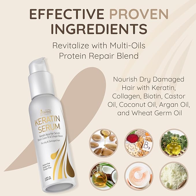 VITAMINS hair cosmetics Keratin Protein Hair Serum - Anti Frizz Control Hair Oil Repair Treatment - Gloss Shine & Heat Protectant for Frizzy Dry Damaged Locks