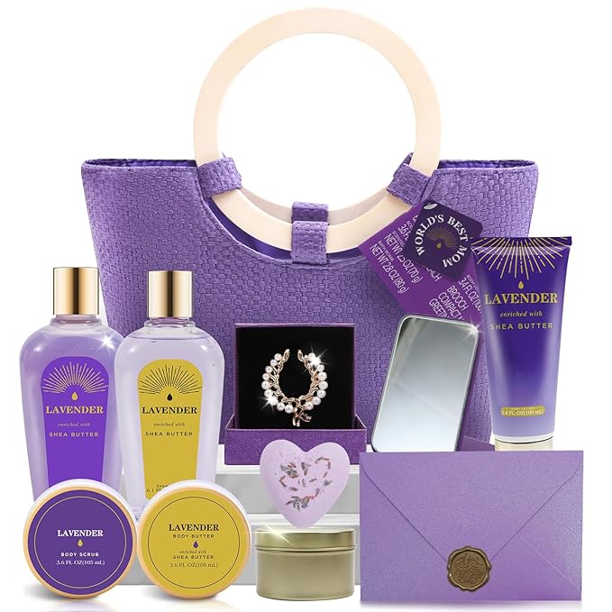 Spa Luxetique Gift Baskets for Women, Mothers Day Gifts for Mom, 11pcs Lavender Sets, Relaxing Bath Sets for Women