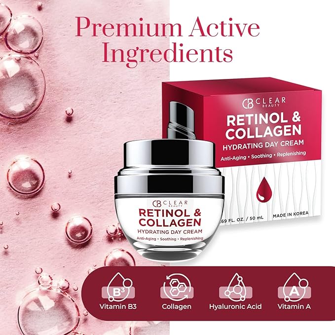 Retinol & Collagen Daily Face Moisturizer - Dermatologist Tested, Reduces Wrinkles, Fine Lines & Blemishes, Hydrating Anti-Aging, Clean Beauty, Cruelty-Free Korean Skin Care - 1.69 oz