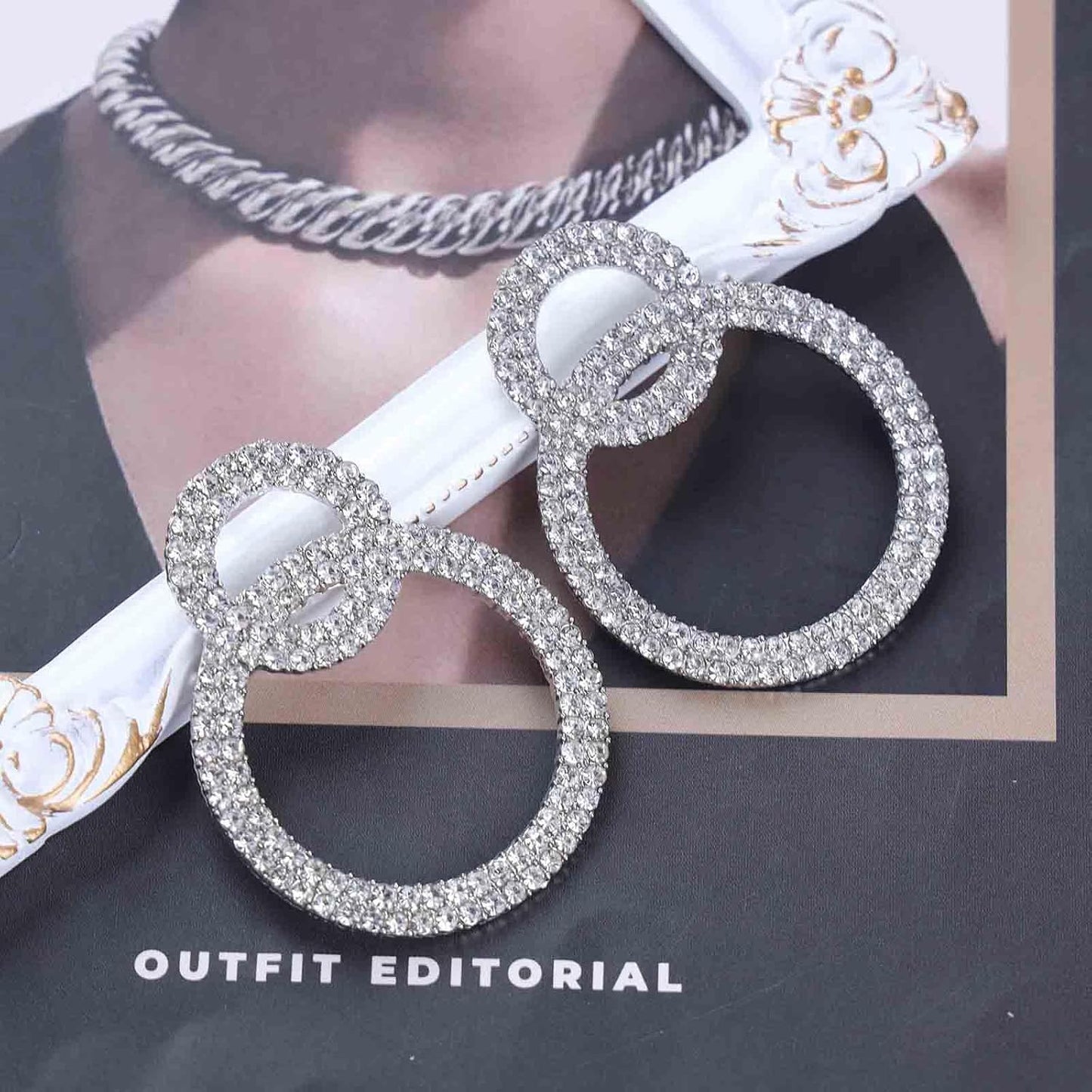 Vintage Crystal Circle Drop Earrings Double Circle Hoop Earrings Gold Cz Circle Dangle Earrings CZ Hollow Circle Earrings Jewelry for Women