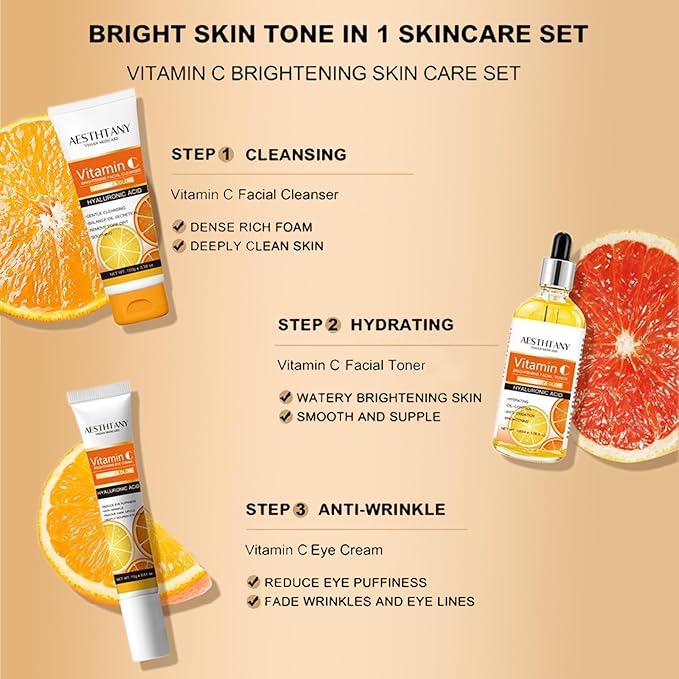 Vitamin C Skin Care Set For Women , 5-In-1 Moisturizing Hyaluronic Acid Skin Care Routine with Facial Cleanser, Serum, Face Cream, Eye Cream, Toner