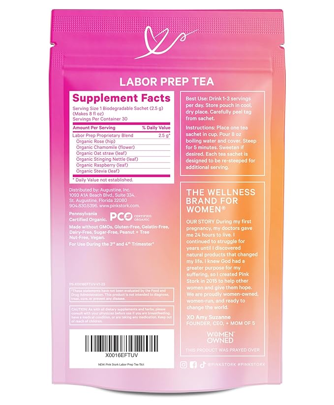 Pink Stork Labor Prep Tea, Organic Red Raspberry Leaf with Chamomile and Rosehip, Caffeine-Free, Pregnancy Must Haves, Labor and Delivery Essentials, Third Trimester Pregnancy - 15 Sachets