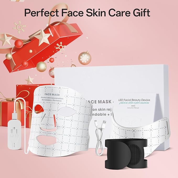 Red Light Mask for Face and Neck - Facial Skin Care Device, Portable, Lightweight, Rechargeable and Ergonomic Design for Home (White)