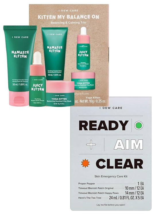 I DEW CARE Emergency Skin Care Kit - Ready Aim Clear + Skin Care Set - Kitten My Balance On | Travel Size Trio Bundle