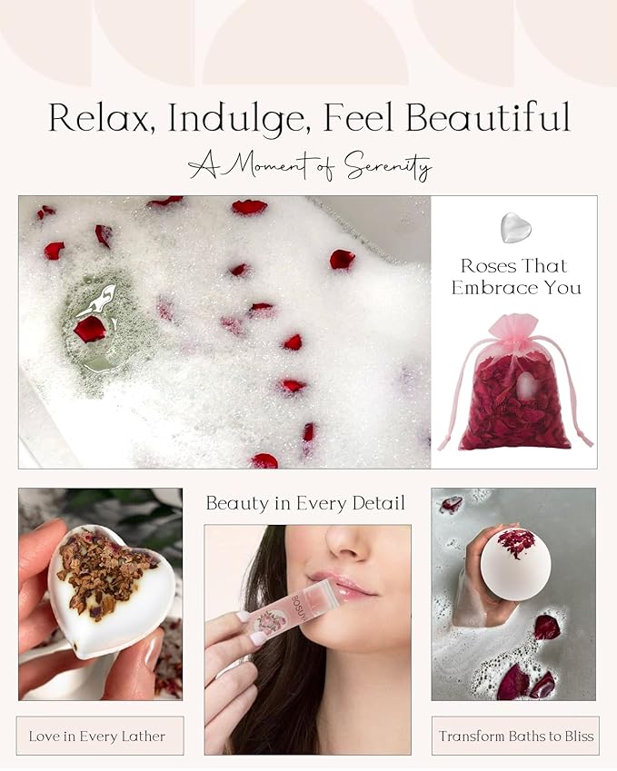 Spa Gifts for Women - Mothers Day Gifts for Mom, Self Care Kit, Birthday Anniversary Care Package Ideas for Wife Girlfriend Her, from Husband Daughter Friend, 8PCS Items with Rose Scent Themed