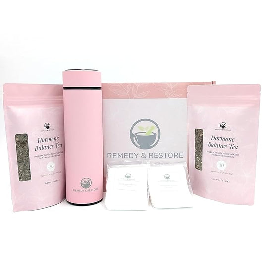 Remedy & Restore Hormone Balancer Starter Kit Loose Herbal Tea with tea thermos with infuser