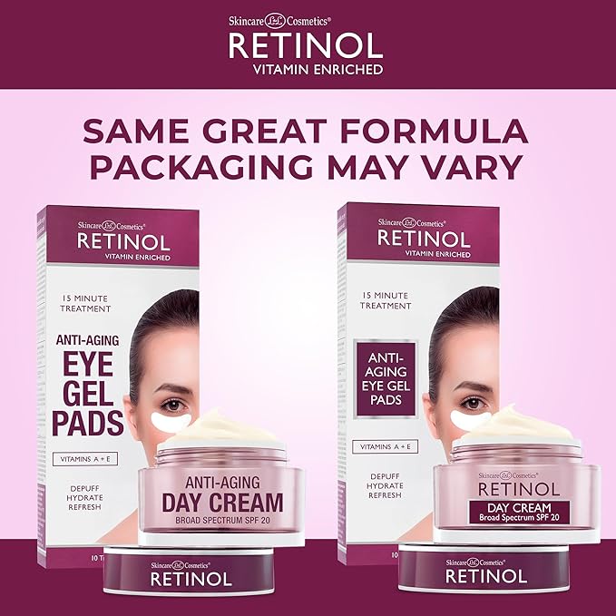 Retinol Anti-Aging Day Cream Broad Spectrum SPF 20 Moisturizes & Reduces Look of Fine Lines Anti-Aging Eye Gel Pads – Soothing Vitamin A Reduces Puffiness & Refreshes the Under Eye Area.