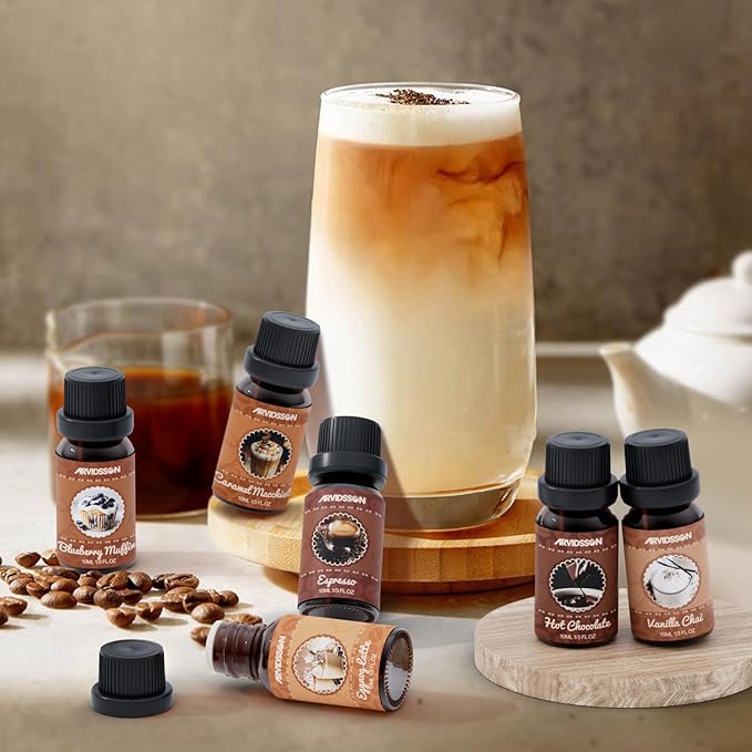 ARVIDSSON Coffee Fragrance Oils Set, Premium Essential Oils for Diffuser, Espresso, Vanilla Chai, Hot Chocolate, Blueberry Muffin, Eggnog Latte, Caramel Macchiato, Coffee Shop Scented Oils