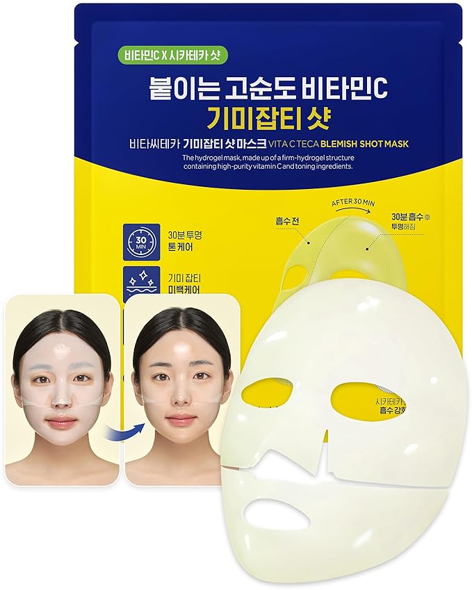 CKD Vita C Teca Blemish Shot Mask - Hydrogel Firming Face Mask Sheet with Pure Vitamin C & Centella Asiatica, Radiance, Relief for Dark Spots & Blemishes, 5 sheets