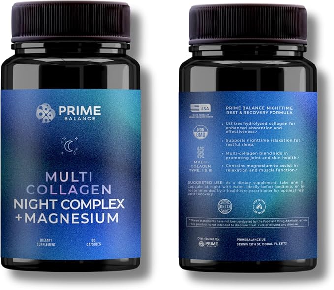 Prime Balance Hydrolyzed Multi-Collagen Night Complex – 2-Month Supply – Peptide-Enhanced for Sleep, Skin & Joint Support – All-Natural Formula