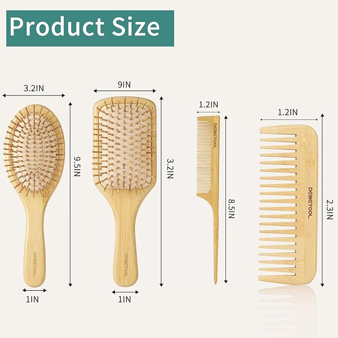 Bamboo Hair Brush Set - Natural Bamboo Paddle Detangling Hairbrush and Comb Set, Suit for Thick/Thin -Gift for Women Men and Kids