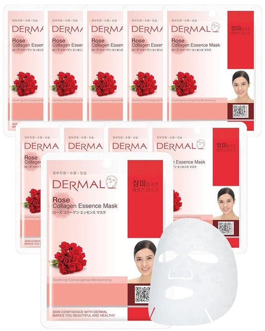 DERMAL Rose Collagen Essence Facial Mask Sheet 23g Pack of 10 - Refreshing & Moisturizing for Tried and Dry Skin, Calming, Daily Skin Treatment Solution Sheet Mask