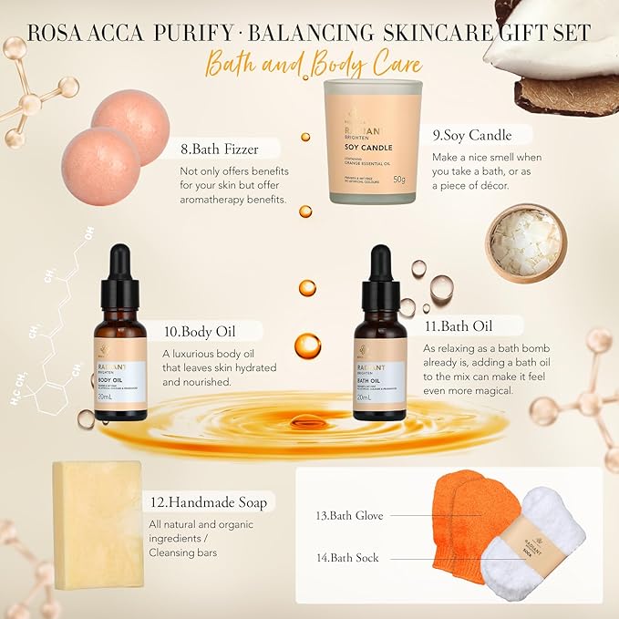 Skin Care Set for Women - Rosa Acca 28pcs Facial Kit at Home, Birthday Gifts Orange Vitamin C, Spa Gift Baskets for Women with Face Cream, Bath Oil, Mothers Day