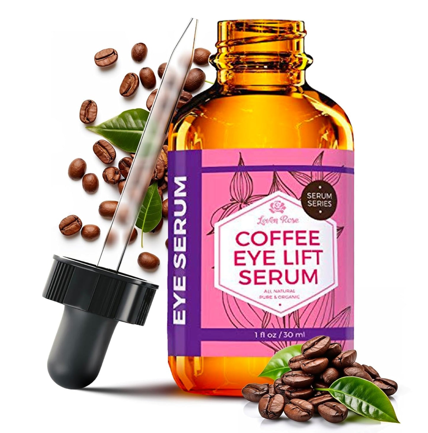 Leven Rose Coffee Bean Caffeine Serum for Eyes 1 oz - Anti-aging Caffeine Eye Serum - Organic Under Eye Serum - Eye Serum for Puffy Bags Under Eyes