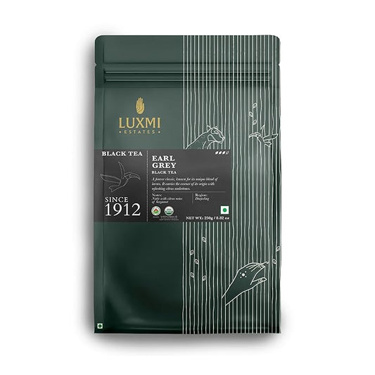 Luxmi Estates Garo Hills Organic Earl Grey Black Tea 250g Loose Leaf Pack | USDA Organic - Earl Grey Tea Bags | 100% Natural Bergamot Extracts | 125 Cups | Assam Black Tea | A Great Morning Cup as an Alternative to Coffee