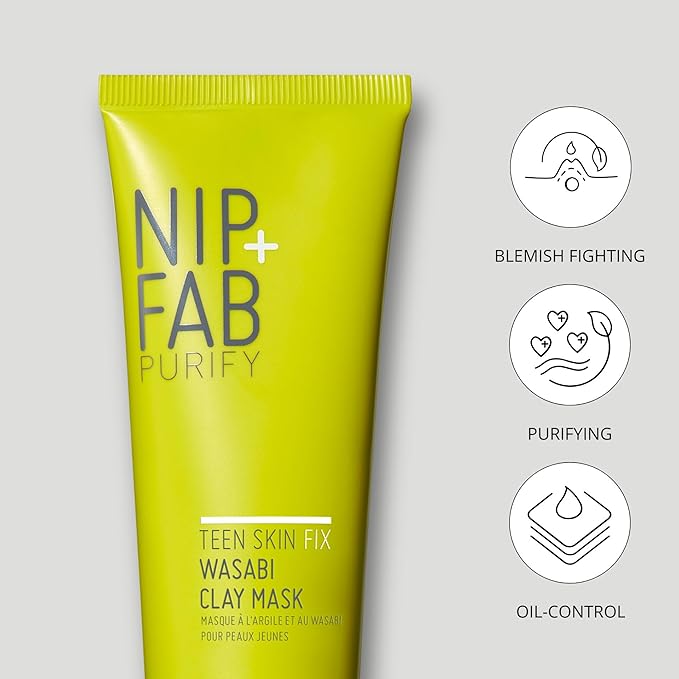 Nip+Fab Teen Skin Fix Wasabi Clay Mask, 2.54 fl oz, Purifies Congested Pores with Kaolin Clay and BHA Salicylic Acid, Healing and Moisturizing Formula