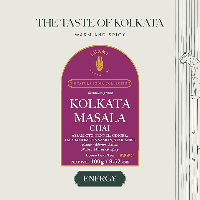 Luxmi Estates Kolkata Masala Chai | 100 gm | Signature India Collection | Assam CTC Tea | Black tea collection | Organic Strong tea | Antioxidants | Assam Valley tea | Fennel, Ginger Tea, Cardamom, Cinnamon, Star Anise