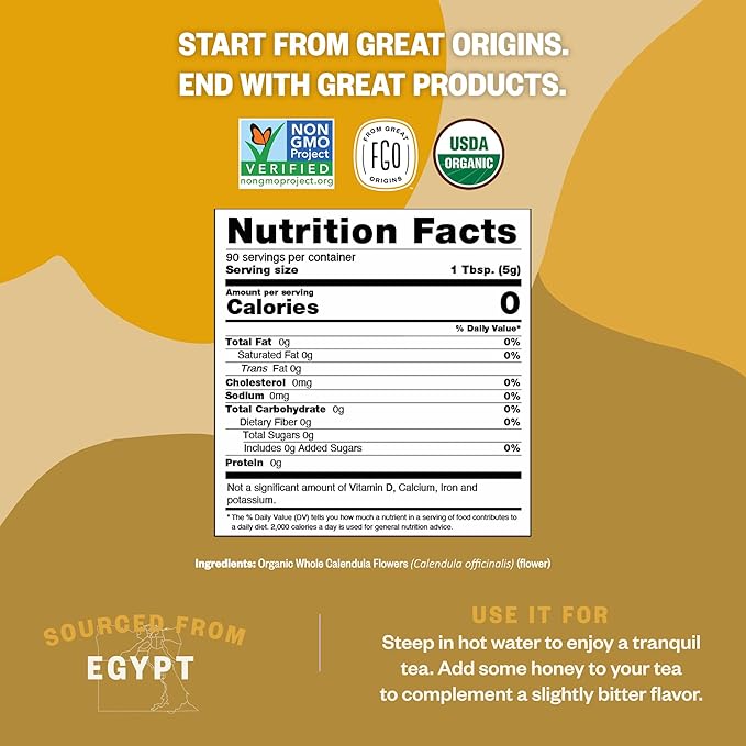 FGO Organic Calendula Flowers, Whole, Imported Calendula Officinalis From Egypt, 16oz Bulk Resealable Pouch, Packaging May Vary (Pack of 1)