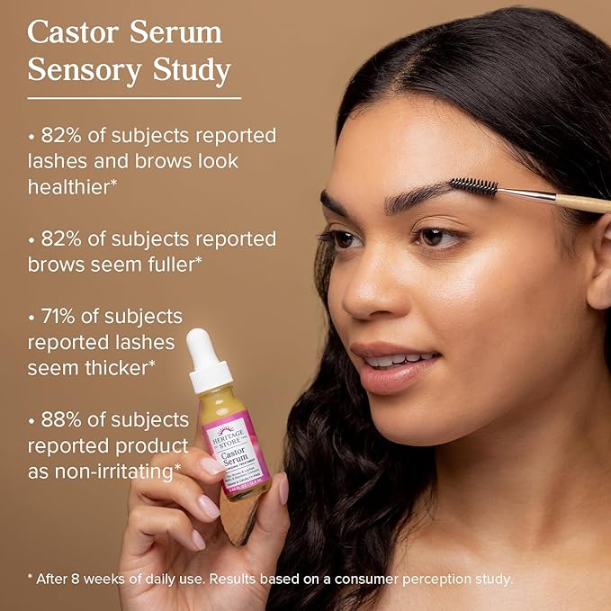 HERITAGE STORE Castor Oil Serum Volumizing Treatment for Fuller, Longer Looking Eyelashes, Bold Brows - Ophthalmology Tested Lash Serum w/Organic Castor Oil, Black Castor Oil, Biotin, Vegan, 0.42oz