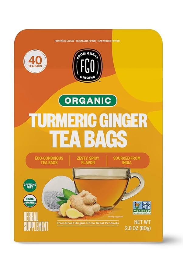 FGO Organic Turmeric Ginger Herbal Tea, 40 Count, Eco-Conscious Tea Bags, Caffeine Free (Pack of 1)