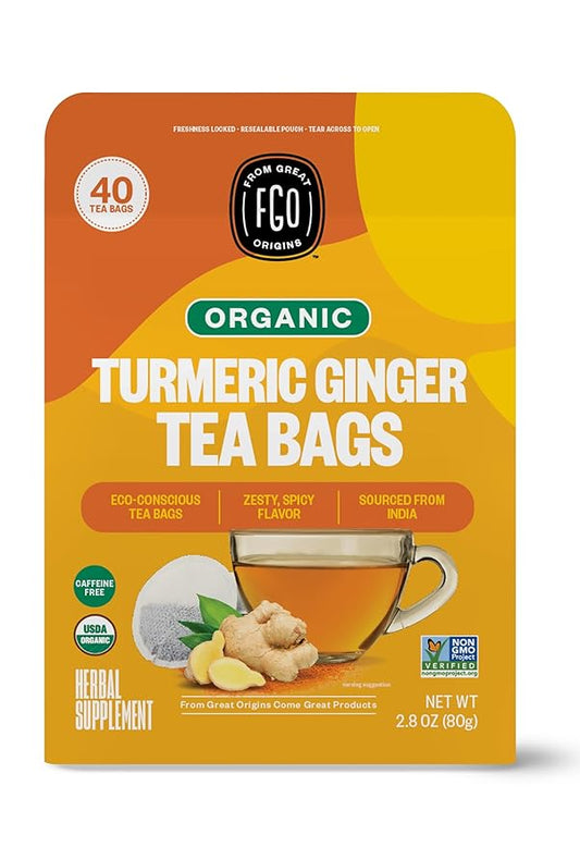 FGO Organic Turmeric Ginger Herbal Tea, 40 Count, Eco-Conscious Tea Bags, Caffeine Free (Pack of 1)