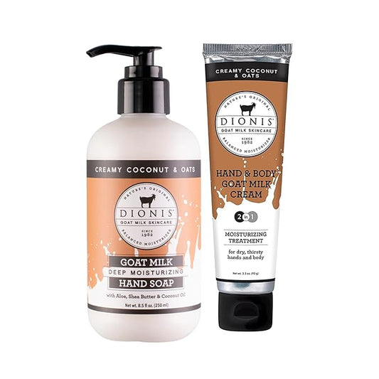 Dionis Goat Milk Skincare Creamy Coconut & Oat 8.5oz Hydrating Body Lotion and 3.3oz Hand & Body Moisturizing Travel Size Cream Bundle, Natural Ingredients, Made in the USA, Cruelty Free, Paraben Free