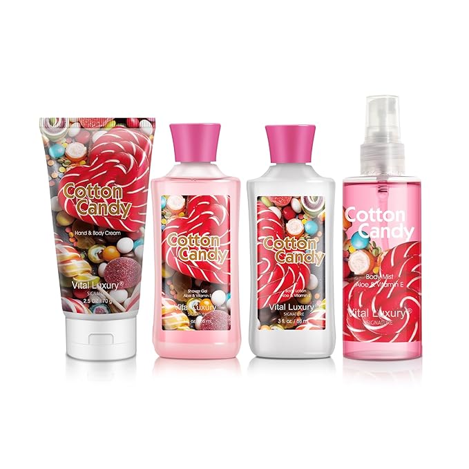 Cotton Candy Bath & Body Kit,3 Fl Oz-4PCS, Home Spa Set Including Body Lotion, Shower Gel, Body Cream, and Fragrance Mist-Ideal Skincare Gift