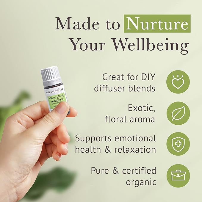 Pranarom USDA Certified Organic Ylang Ylang Essential Oil (5ml), 100% Pure Undiluted Therapeutic Grade from Madagascar for Aromatherapy, Diffuser, Meditation, Massage, Relaxation