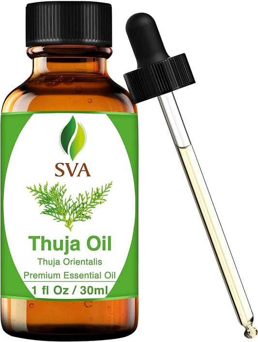 SVA Thuja Essential Oil – 1 Fl Oz – 100% Natural Thuja Oil - for Diffuser, Hair Care, Face, Skin Care, Aromatherapy, Scalp and Body Massage, Soap and Candle Making - with Dropper
