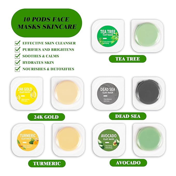 Clay Mask Set (10 Pods) Gold Eye Patches (20 Pairs), Mud Mask Deep Pore Cleansing Acne Blackhead Removal, Eye Patches for Puffy Eyes Dark Circles, Men & Women Facial Mask Eye Masks Skin Care.