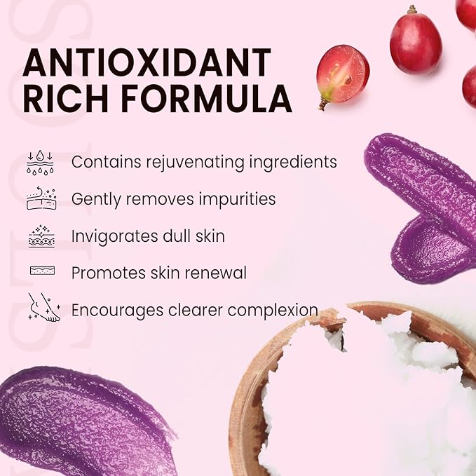 Grape & Shea Butter Body & Foot Scrub - Rejuvenating & Antioxidant Rich Exfoliating Body Scrub for Glowing Skin, 10 oz