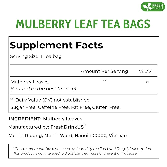 FreshDrinkUS, Premium 120 Mulberry Leaf Tea Bags, 100% Natural & Pure from Mulberry Leaves. Loose Leaf Mulberry Herbal Tea. Made with Natural Material Tea Bags. No Sugar, No Caffeine, No Gluten, Vegan.
