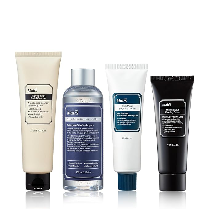 DearKlairs [Klairs] Korean Skincare Beginner Kit, 4pc Set, Cleanser to cream