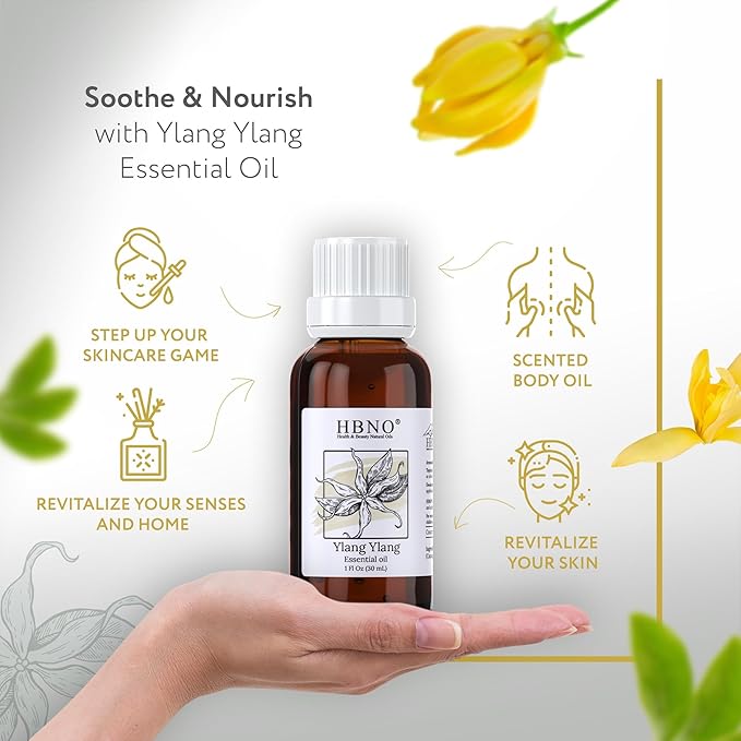 HBNO Ylang Ylang Essential Oil - 1 OZ (30 ml) Travel Size - Perfect for Aromatherapy, DIY, Candle Making, Soap Making, Diffusers