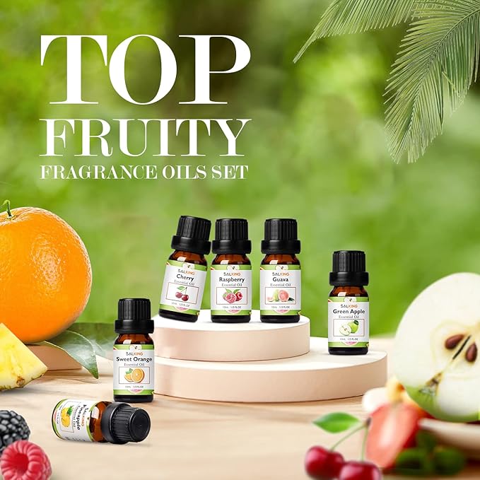 SALKING Fruity Fragrance Essential Oils Set, Essential Oil Gift Set Scented Oils for Diffuser Candle Making - Pineapple,Guava, Raspberry, Green Apple, Orange, Cherry