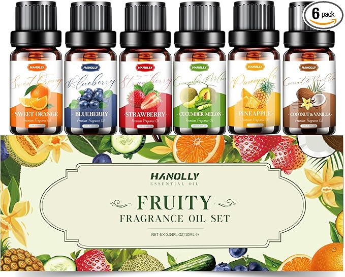 Fruity Essential Oils Set - Fruity Scents Fragrance Oil Aromatherapy Essential Oils Kit for Diffuser, Candle Making (6x10ML) Strawberry, Coconut Scented Oil