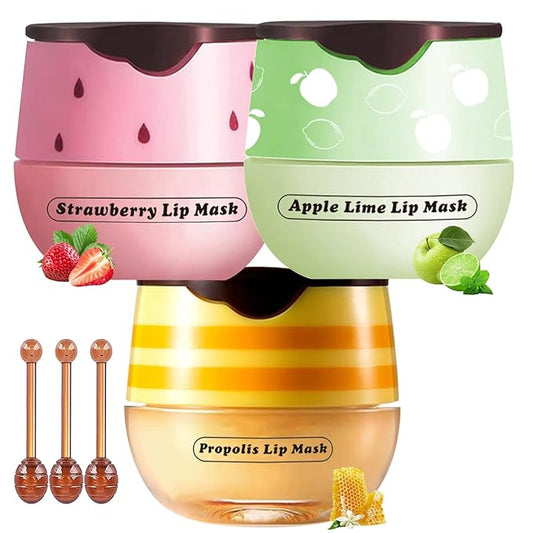 Honey Lip Balm Pot, 3 Pcs Honey & Strawberry & Apple Lime Lip Mask Propolis Moisturizing Hydrating Prevention Dry and Cracked Lip Scrubs Exfoliator