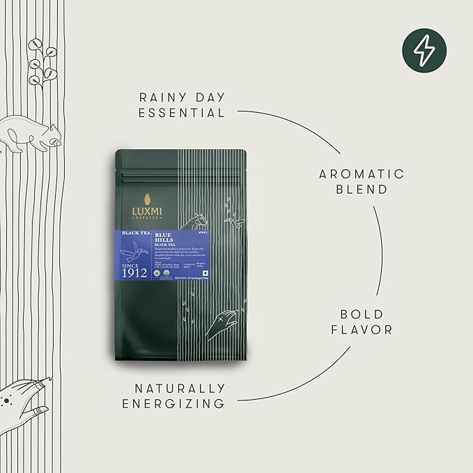 Luxmi Estates - Blue Hills - Organic CTC Assam Black Tea - 50 Tea Bags | Jodhpur Blend - Rajasthan's Favorite Chai | Strong Cup of Original Indian Chai Tea - No Spices