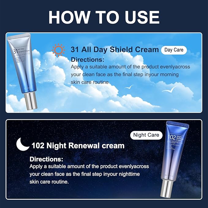 2 Pack All-day & Night Skin Care Cream-31 All Days Shield Cream & 102 Night Renewal Cream-Day Protect Facial Skin From Sun And Stress And Night Friming Balancing Your Skin