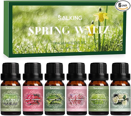 SALKING Spring Fragrance Oils Set, Premium Essential Oils Gift Set for Diffuser, Scented Oil for Soap & Candle Making - After Rain, Fresh Cut Grass, Sweet Pea, Rose Geranium, Cherry Blossom, Gardenia